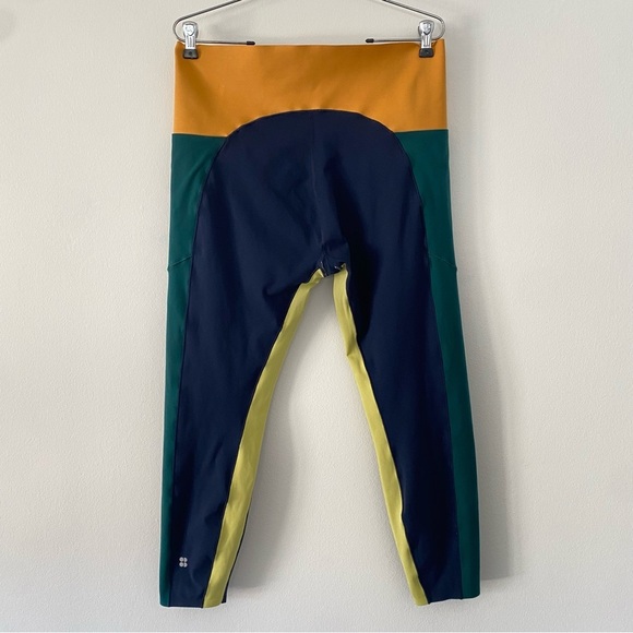 Sweaty Betty Power Block High Waist 7/8 Leggings Navy Blue Neon Yellow size 14 - Picture 5 of 12